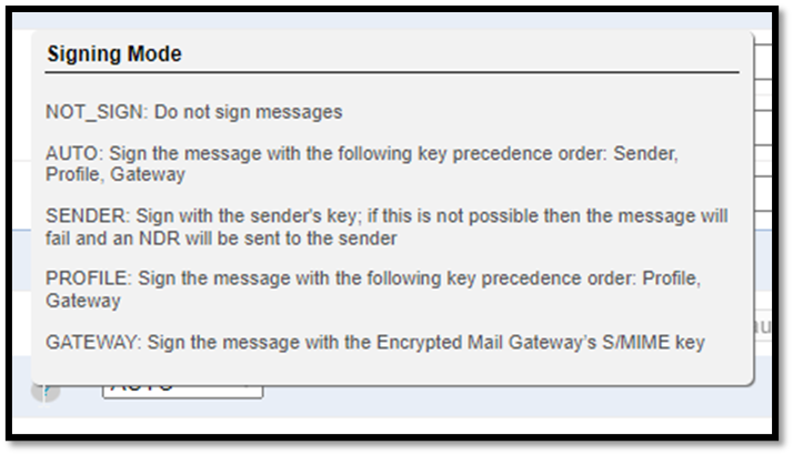 Echoworx signing mode options including automatic, sender, profile and gateway certificate selection
